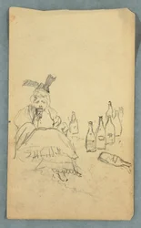 Frau trinkt, Weinflaschen, recto; Einkaufsliste für den Aufstieg auf den Mount Katahdin, verso, Herbst 1878?