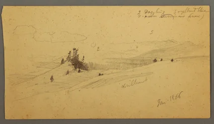 Bewaldeter Hügel, hügeliges Tal, Sonne, Januar 1866