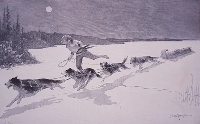 Französischer Pelzhändler in Kanada mit Huskie-Hunden auf gefrorenem See