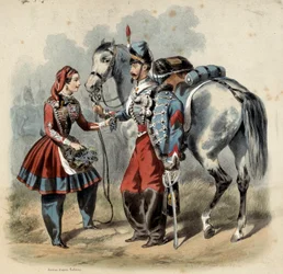 Die französische Armee und ihre Kantiniere: Husar und Kantiniere der Linieninfanterie. Gravur von Frederic Sorrieu
