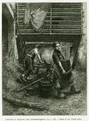 Kinderarbeit in der Brikettierung, Barr. Gravur von Lix zur Illustration der Geschichte A Travers l