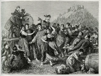 Fete des patres am Hohneck (Vogesen), Sonntag nach St. Johann. Gravur von F. Lix zur Illustration der Geschichte „Durch Elsass und Lothringen“ 1884, von Charles Grad (1842-1890), deutscher Abgeordneter, Schriftsteller und Naturforscher. Veröffentlicht in L
