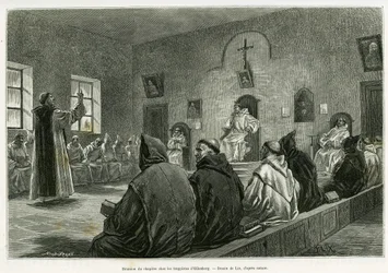 Versammlung des Kapitels unter den Trappisten von Oelenberg. Gravur von Lix zur Illustration der Geschichte „Durch Elsass und Lothringen“ von Charles Grad, veröffentlicht in Le Tour du monde 1887