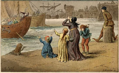 Volkslied: „A Nantes est arrivé“. Kinder trauern um ihre Mutter, die von einem Seemann entführt wurde. Illustration (Detail) von Frédéric Théodore Lix (1830-1897) in „Chansons et rondes enfantines des provinces de la France“.