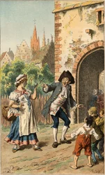 Volkslied: „In Paris gibt es eine Dame“. Ein Mann macht sich über ein Dienstmädchen lustig, sodass das Gesicht mit Politur bedeckt ist. Illustration von Frederic Theodore Lix (1830-1897) in „Chansons et rounds enfantines des provinces de la France“
