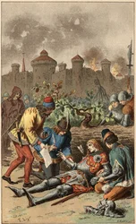 Volkslied: „Es war der Großherzog von Maine“. Tod des Herzogs von Maine, durchbohrt von einem Pfeil. Illustration von Frédéric Théodore Lix (1830-1897) in „Chansons et rondes enfantines des provinces de la France“.