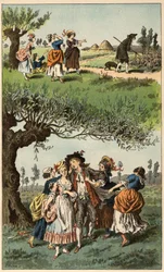 Volkslied: „Wir waren drei Mädchen“. Illustration von Frederic Theodore Lix (1830-1897) in „Chansons et rounds enfantines des provinces de la France“
