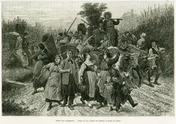 Rückkehr der Ernte. Gravur von Lix zur Illustration der Geschichte „Durch Elsass und Lothringen“ von Charles Grad, veröffentlicht in Le Tour du monde 1888