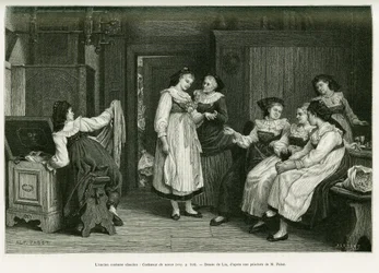 Die alte elsässische Tracht. Gravur von Lix, nach einem Gemälde Present de Noces von Pabst, zur Illustration der Geschichte A Travers l