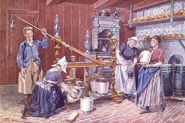 Käseproduktion in Holland, um 1900