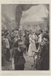 Die Krönung des Zaren, Ankunft des Zaren und der Zarin mit ihrer kleinen Tochter, der Großfürstin Olga, in Moskau