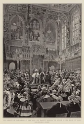 Die Eröffnung des Parlaments durch den König, Seine Majestät liest seine Rede im House of Lords