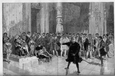 Theateraufführung: „Der König amüsiert sich“ von Victor Hugo (1808-1883). Akt I Szene 5: ein Raum im Louvre, der Fluch. M. de Saint Vallier vor König Franz I. (Mounet Sully) und dem Narren Triboulet (Edmond)