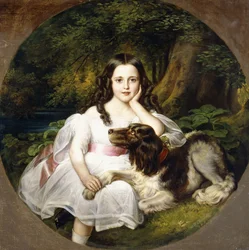 Ein junges Mädchen ruht in einer Landschaft mit ihrem Hund