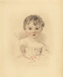 Porträt von Thomas Lawrence Bloxam, Neffe von Sir Thomas Lawrence. In Kleid mit rosa Schleife. Handkolorierter Stich von Frederick Christian Lewis nach einer Illustration von Sir Thomas Lawrence aus P.G. Patmores Cabinet of Gems, Ackermann, London