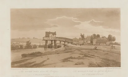 Die Wassermühle über der Brücke bei Charenton 1803; Platte 20 aus Ansichten von Paris, das Emanuel-Volumen Nachzeichnung der Platte B181.25.2629