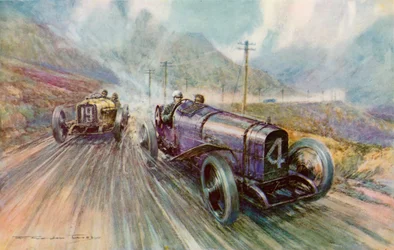 K Lee Guinness mit dem Sunbeam im zweitägigen 600-Meilen-Tourist-Trophy-Rennen auf der Isle of Man, das er mit 56,44 mph gewann (Farblithografie)