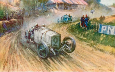 Lautenschlager mit dem deutschen Mercedes und Boillot mit dem französischen Peugeot in ihrem großen Kampf während des Grand Prix 1914