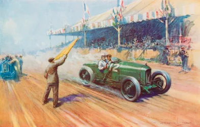 Sir Henry Segrave erzielt den ersten britischen Sieg in einem Grand Prix mit dem 2-Liter-Sunbeam auf dem Tours-Kurs (Farblitho)