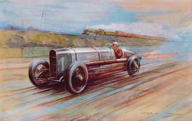 Der aero-motorisierte 12-Zylinder Sunbeam, berühmt gemacht von K Lee Guinness in Brooklands und das schnellste Auto von 1922 (Farblithografie)
