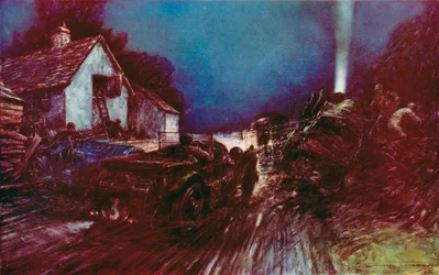 Der historische Unfall an der White House Corner im 24-Stunden-Rennen von Le Mans, nach diesem Unfall setzte ein beschädigter Bentley das Rennen fort und gewann (Farblitho)