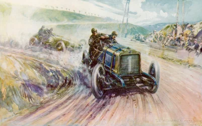 Thery mit dem Richard-Brasier, der das Gordon-Bennett-Rennen 1905 für Frankreich gewann (Farblithografie)