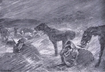 Ein südafrikanischer Hagelsturm, aus After Pretoria: Der Guerillakrieg veröffentlicht von Harmsworth Bros Limited, 1901