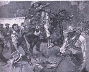 Burenbehandlung von Friedensgesandten: Die Auspeitschung von Margendaal, aus After Pretoria: Der Guerillakrieg veröffentlicht von Harmsworth Bros Limited, 1901