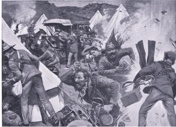 Buren plündern das britische Lager in Nooitgedacht unter Artilleriefeuer, aus After Pretoria: Der Guerillakrieg veröffentlicht von Harmsworth Bros Limited, 1901