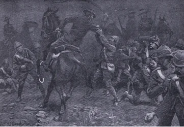 Major Boole-Smith stellt sich De Wet, aus After Pretoria: Der Guerillakrieg veröffentlicht von Harmsworth Bros Limited, 1901