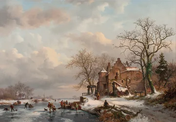 Winterlandschaft mit Schlittschuhläufern auf einem zugefrorenen Fluss, 1862