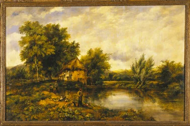 Eine Flusslandschaft mit einem Angler bei einer Mühle