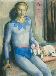 Ein Harlekin mit seinem Hund