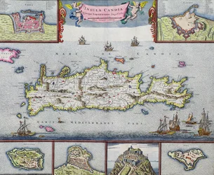 Karte der Insel Candia (Kreta) mit dem Seehafen von Iraklio, um 1680