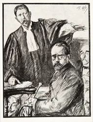 Dreyfus bei seinem Prozess, aus „Geschichte der Dritten Republik“, Bd. I, „Die politische Geschichte“, veröffentlicht 1933 (Lithografie)