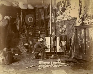 Der französische Maler Rochegrosse in seinem Atelier, ca. 1885
