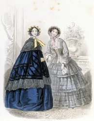 2 modische Frauen: in Outfit - im „Journal des Demoiselles“ 1852 (Gravur)