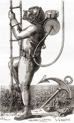 Ein Tiefseetaucher des 19. Jahrhunderts mit einem gummibeschichteten Tauchanzug mit Helm und Tankregler, aus 