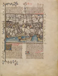 Eine Schlacht aus dem Trojanischen Krieg, ca. 1390-1400 (Tempera, Waschungen und Goldblatt auf Pergament)