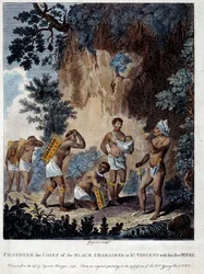 Ein Karibischer Häuptling von der Insel Saint Vincent mit seinen fünf Frauen