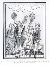 Eine Lektion in Astronomie, aus dem Brevier von St. Louis, Illustration aus Wissenschaft und Literatur im Mittelalter und in der Renaissance, geschrieben und graviert von Paul Lacroix, 1878