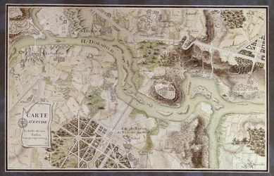 Eine Karte inspiriert von Candide von François Voltaire (1694-1778) für einen Wettbewerb organisiert von der École Nationale des Ponts et Chaussées in Paris, spätes 18. Jahrhundert (Feder & Tinte und Aquarell auf Papier)