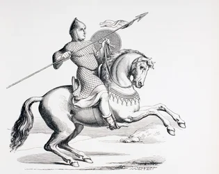 Ein normannischer Ritter in Kettenhemd und Helm mit Speer und Schild