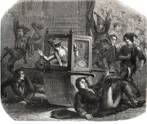 Eine Gruppe von Scherzkeksen hält Marie-Therese Le Vasseur (1721-1801) in einem Karnevalskostüm davon ab, in ihrem Rollstuhl voranzukommen. Sie ist Opfer der Rache eines ihrer ehemaligen Liebhaber. Gravur von 1871 in "Histoire Des Cocus Celebres"