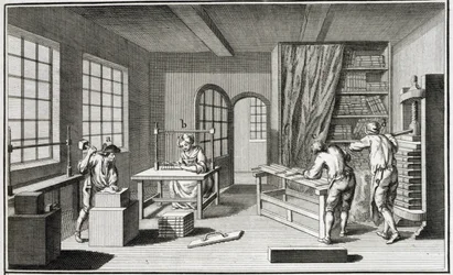 Eine Buchbinderwerkstatt, aus der Encyclopedie des Sciences et Metiers von Denis Diderot (1713-84) veröffentlicht ca. 1770