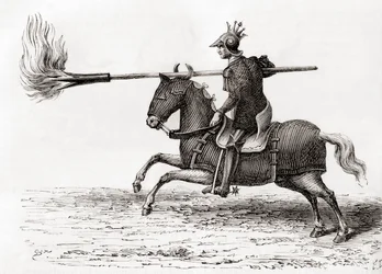 Ein mittelalterlicher Ritter mit einer Feuerlanze, eine der ersten Schießpulverwaffen der Welt, aus Les Merveilles de la Science, veröffentlicht um 1870 (Gravur)