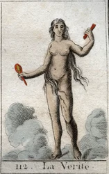 Darstellung der Wahrheit als nackte junge Frau mit aufrichtigem Gesicht, die einen Spiegel hält. Aus „Mythologie der Jugend“ von Pierre Blanchard 1803