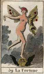 Darstellung der Göttin des Glücks Fortuna, sie entscheidet über das Gute und Böse der Menschen, hält ein Füllhorn und steht auf einem Rad. Aus „Mythologie der Jugend“ von Pierre Blanchard 1803
