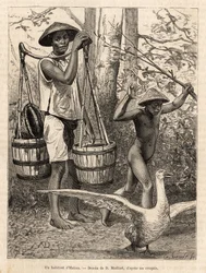 Ein Bewohner von Hatien (Vietnam) trägt Eimer und Korb und ein Kind jagt eine Gans mit einem Stock, Gravur nach einer Zeichnung von Robin, die die Reise nach Cochinchina von Doktor Morice in 1872 illustriert, veröffentlicht in "Le tour du monde" 1875, hera