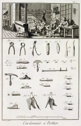 Ein Schuh- und Stiefelmacher und ihre Werkzeuge, aus der Encyclopedie des Sciences et Metiers von Denis Diderot (1713-84) veröffentlicht ca. 1770
